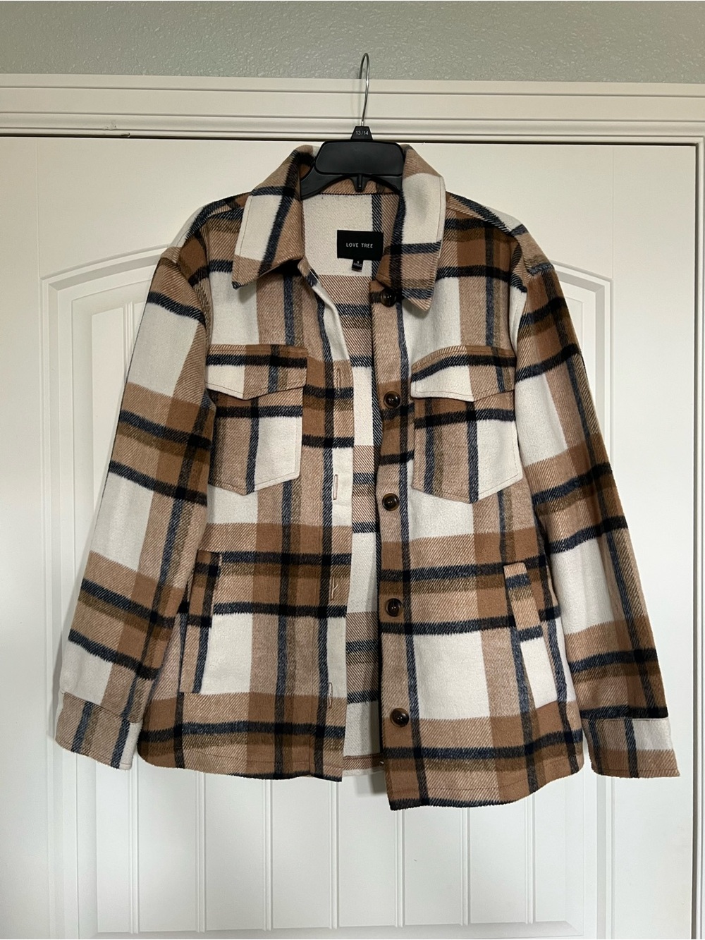 Love Tree Brown and Cream Plaid Utility Shacket